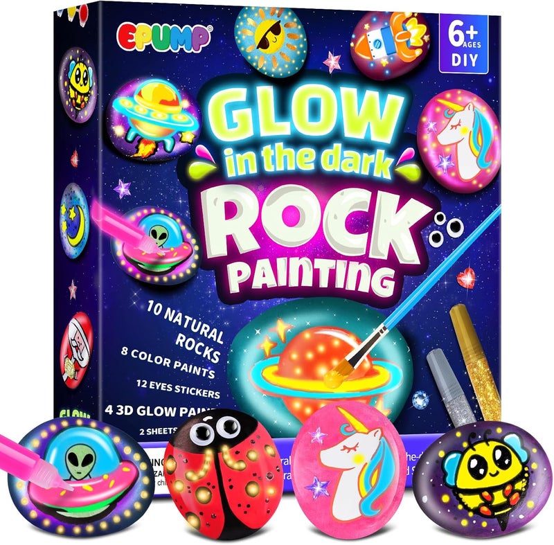 EPUMP Rock Painting Kit for Kids - Glow in The Dark Arts and Crafts Supplies Kits for Girls Boys - Kids Activities Creative Art Set Birthday Gifts DIY Paint Toys for Age 6 7 8 9 10 11 12 Years Old - Image 1